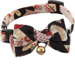 Necoichi Chirimen Kimono Bow Tie Breakaway Cat Collar with Bell, Black, 8.2 to 13.7-in neck, 2/5-in wide