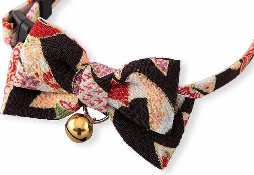 Show full view: Necoichi Chirimen Kimono Bow Tie Breakaway Cat Collar with Bell, Black, 8.2 to 13.7-in neck, 2/5-in wide slide 2 of 6