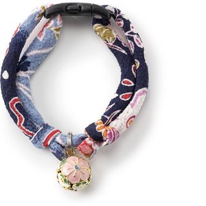 Necoichi Chirimen Plum Blossom Breakaway Cat Collar with Bell, Blue, 8.2 to 13.7-in neck, 2/5-in wide