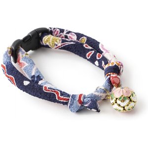 Necoichi Chirimen Plum Blossom Breakaway Cat Collar with Bell, Blue, 8.2 to 13.7-in neck, 2/5-in wide