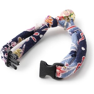 Necoichi Chirimen Plum Blossom Breakaway Cat Collar with Bell, Blue, 8.2 to 13.7-in neck, 2/5-in wide