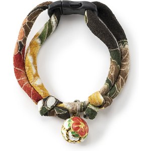 Necoichi Chirimen Plum Blossom Breakaway Cat Collar with Bell, Green, 8.2 to 13.7-in neck, 2/5-in wide