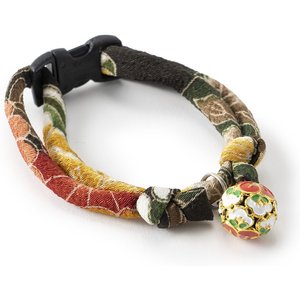 Necoichi Chirimen Plum Blossom Breakaway Cat Collar with Bell, Green, 8.2 to 13.7-in neck, 2/5-in wide