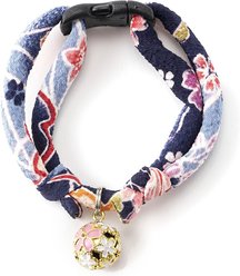 Necoichi Chirimen Sakura Breakaway Cat Collar with Bell, Blue, 8.2 to 13.7-in neck, 2/5-in wide