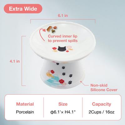 Necoichi Extra Wide Ceramic Elevated Cat Food Bowl, Large, 2 cup