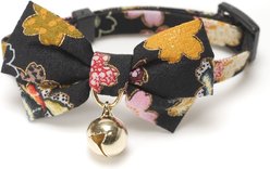 Necoichi Japanese Kimono Bow Tie Cotton Breakaway Cat Collar with Bell, Black, 8.2 to 13.7-in neck, 2/5-in wide