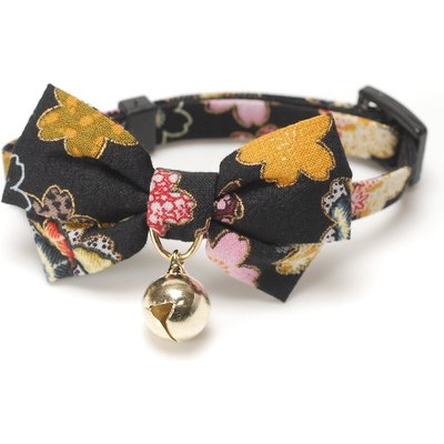 Necoichi Necoichi Japanese Kimono Bow Tie Cotton Breakaway Cat Collar with Bell, Black, 8.2 to 13.7-in neck, 2/5-in wide