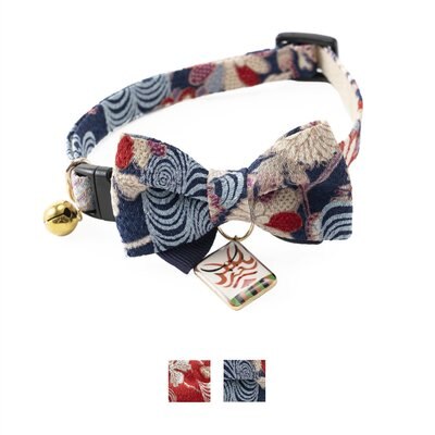 Necoichi Necoichi Kabuki Charm Bow Tie Cotton Breakaway Cat Collar with Bell, Navy, 8.2 to 13.7-in neck, 2/5-in wide