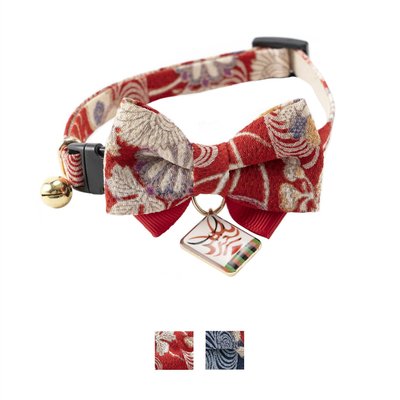 Necoichi Necoichi Kabuki Charm Bow Tie Cotton Breakaway Cat Collar with Bell, Red, 8.2 to 13.7-in neck, 2/5-in wide