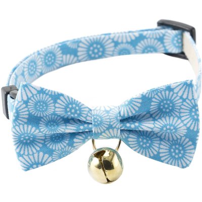 Necoichi Necoichi Kiku Ribbon Bow Tie Cotton Breakaway Cat Collar with Bell, Baby Blue, 8.2 to 13.7-in neck, 2/5-in wide