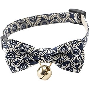 Necoichi Kiku Ribbon Bow Tie Cotton Breakaway Cat Collar with Bell, Navy, 8.2 to 13.7-in neck, 2/5-in wide