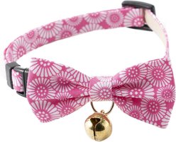 Necoichi Kiku Ribbon Bow Tie Cotton Breakaway Cat Collar with Bell, Pink, 8.2 to 13.7-in neck, 2/5-in wide