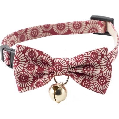 Necoichi Necoichi Kiku Ribbon Bow Tie Cotton Breakaway Cat Collar with Bell, Red, 8.2 to 13.7-in neck, 2/5-in wide