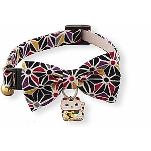 Necoichi Lucky Charm Bow Tie Cotton Breakaway Cat Collar with Bell, Black, 8.2 to 13.7-in neck, 2/5-in wide