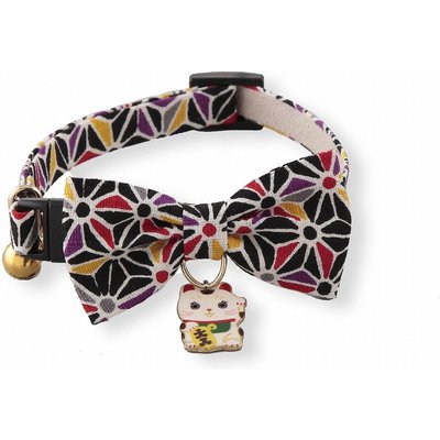 Necoichi Necoichi Lucky Charm Bow Tie Cotton Breakaway Cat Collar with Bell, Black, 8.2 to 13.7-in neck, 2/5-in wide