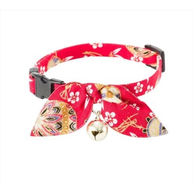 Necoichi Necoichi Oribon Kimono Bow Tie Cotton Breakaway Cat Collar with Bell, Red, 8.2 to 13.7-in neck, 2/5-in wide
