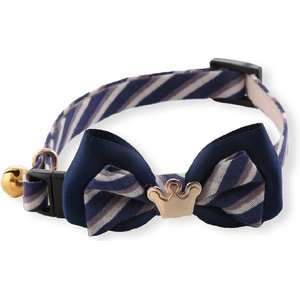 Necoichi Regal Crown Cotton Breakaway Cat Collar with Bell, Navy, 8.2 to 13.7-in neck, 2/5-in wide