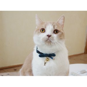 Necoichi Zen Gold Fish Charm Cotton Breakaway Cat Collar with Bell, Blue, 8.2 to 13.7-in neck, 2/5-in wide