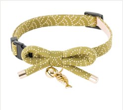 Necoichi Zen Gold Fish Charm Cotton Breakaway Cat Collar with Bell, Green, 8.2 to 13.7-in neck, 2/5-in wide