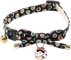 Necoichi ZEN Hariko Charm Cotton Breakaway Cat Collar with Bell, Black, 8.2 to 13.7-in neck, 2/5-in wide