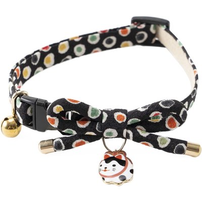 Necoichi Necoichi ZEN Hariko Charm Cotton Breakaway Cat Collar with Bell, Black, 8.2 to 13.7-in neck, 2/5-in wide