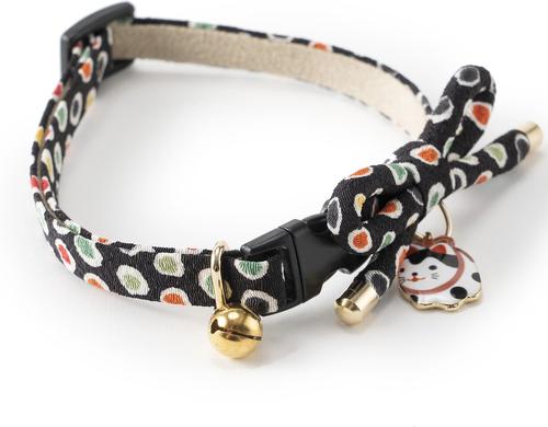 Show full view: Necoichi ZEN Hariko Charm Cotton Breakaway Cat Collar with Bell, Black, 8.2 to 13.7-in neck, 2/5-in wide slide 4 of 8