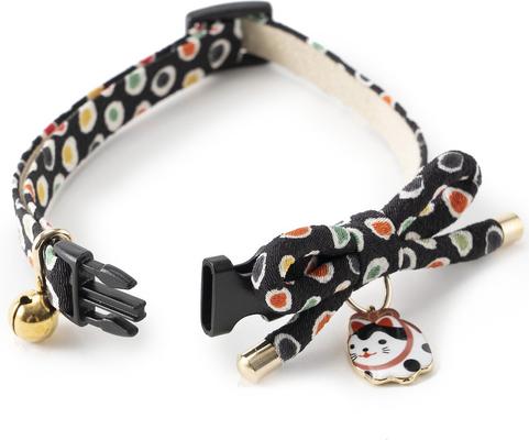 Show full view: Necoichi ZEN Hariko Charm Cotton Breakaway Cat Collar with Bell, Black, 8.2 to 13.7-in neck, 2/5-in wide slide 5 of 8
