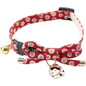Necoichi ZEN Hariko Charm Cotton Breakaway Cat Collar with Bell, Red, 8.2 to 13.7-in neck, 2/5-in wide