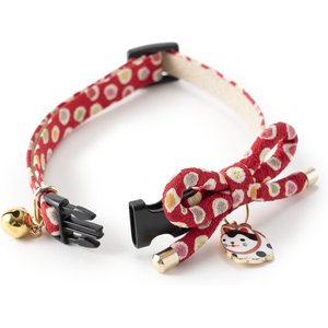 Necoichi ZEN Hariko Charm Cotton Breakaway Cat Collar with Bell, Red, 8.2 to 13.7-in neck, 2/5-in wide