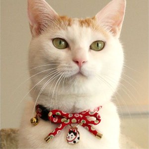 Necoichi ZEN Hariko Charm Cotton Breakaway Cat Collar with Bell, Red, 8.2 to 13.7-in neck, 2/5-in wide