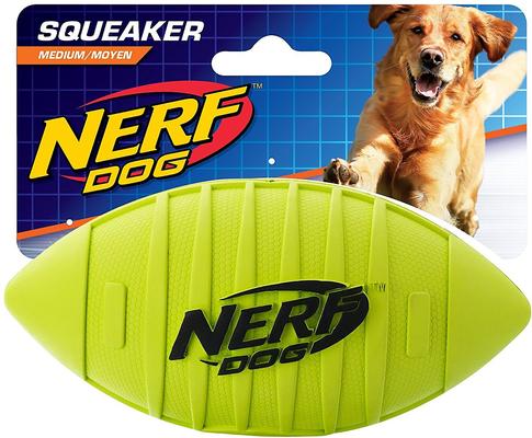 Show full view: Nerf Dog Classic Squeak Ridged Football Dog Toy, Medium, Green slide 3 of 6