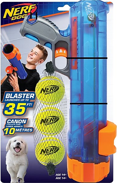 Nerf Dog Translucent Blaster with Ball Clip Dog Toy, 16-in