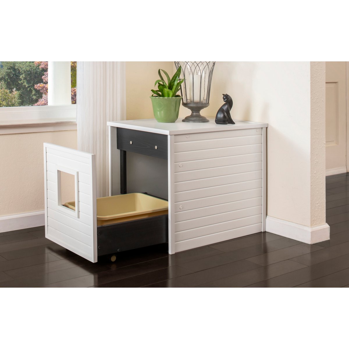 New Age Pet ECOFLEX Freedom LitterLoo with Pull Out Drawer End Table Cat Litter Box Enclosure, Antique White