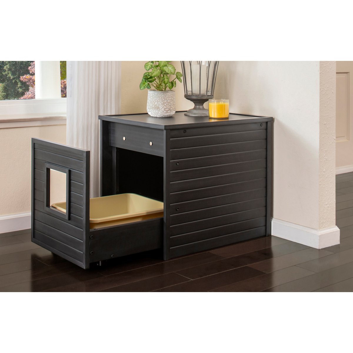 New Age Pet ECOFLEX Freedom LitterLoo with Pull Out Drawer End Table Cat Litter Box Enclosure, Black