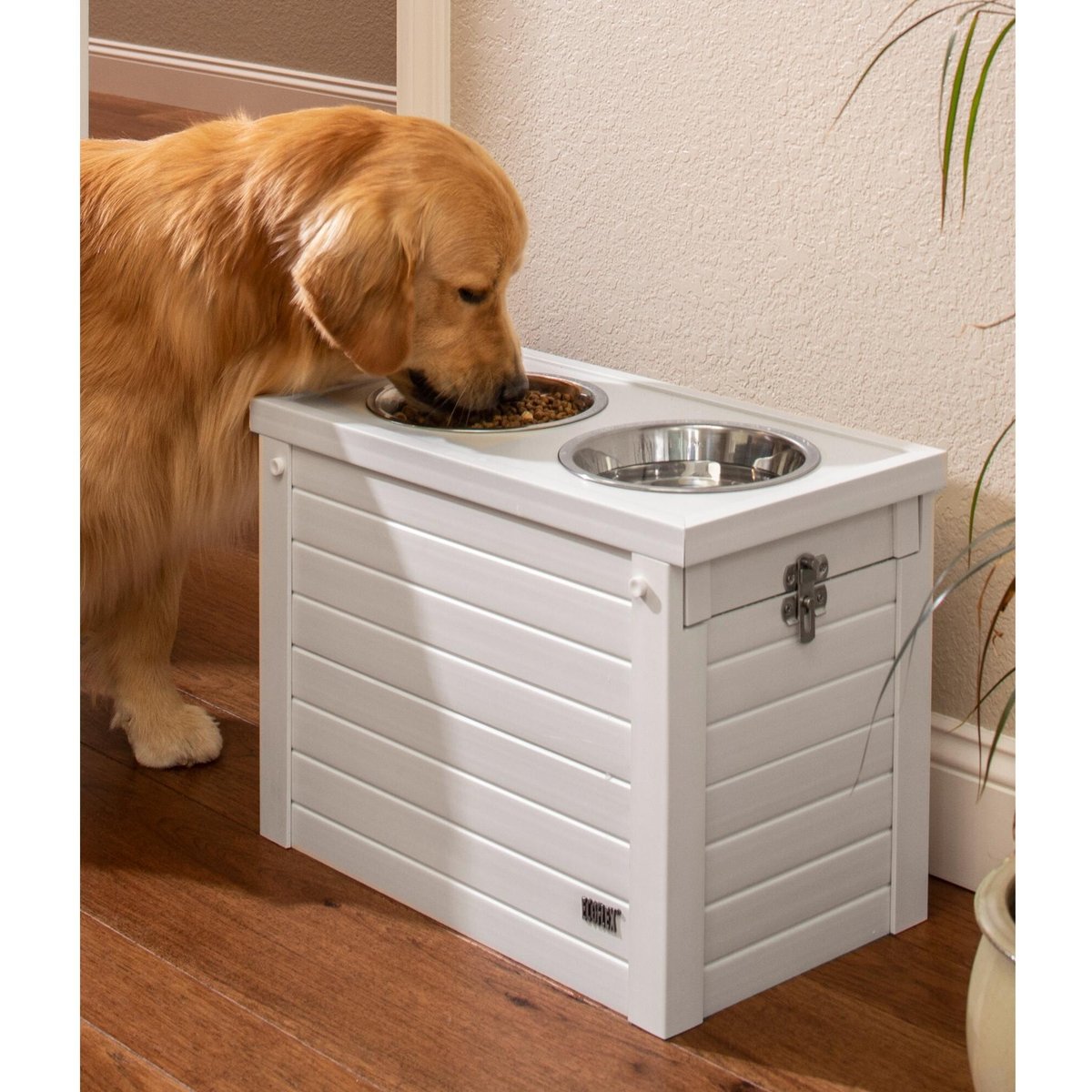 New Age Pet ECOFLEX Piedmont Double Diner Elevated Dog Bowls & Storage, Antique White, 4-cup