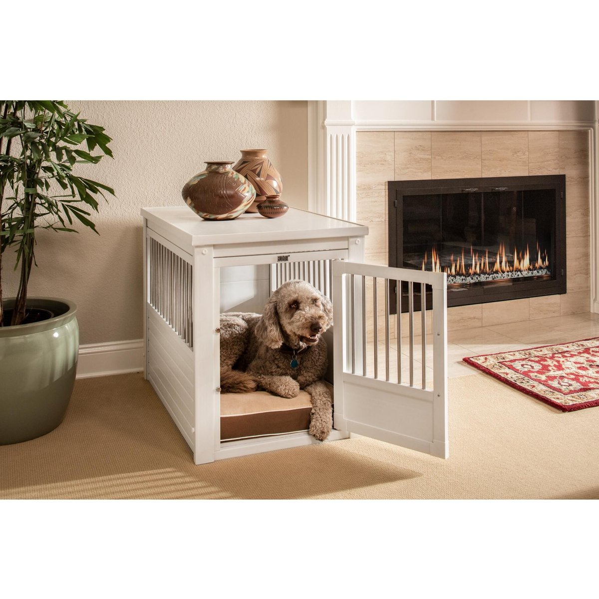 New Age Pet ECOFLEX Single Door Furniture Style Dog Crate & End Table, Antique White, Large
