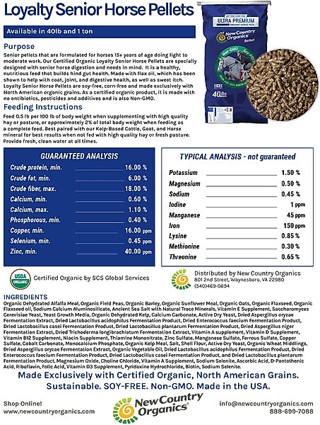 Show full view: New Country Organics Loyalty Senior Pellets Horse Feed, 40-lb bag slide 7 of 9