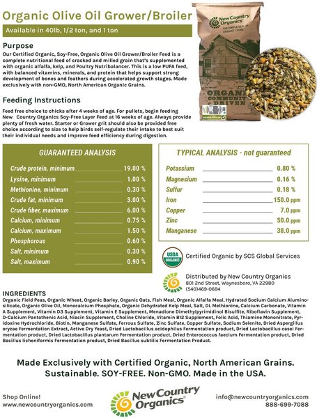 Show full view: New Country Organics Organic Olive Oil Grower Broiler Chicken Feed, 40-lb bag slide 4 of 8