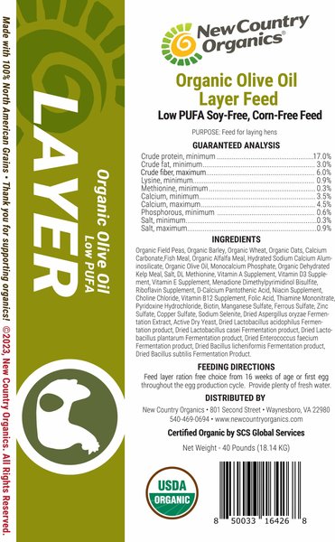 Show full view: New Country Organics Organic Olive Oil Layer Chicken Feed, 40-lb bag slide 4 of 9
