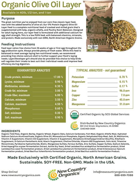 Show full view: New Country Organics Organic Olive Oil Layer Chicken Feed, 40-lb bag slide 3 of 9