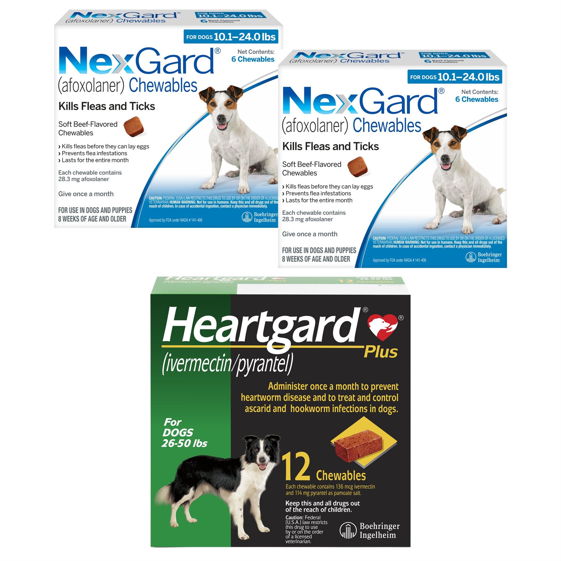 NexGard Chew, 10.1-24 lbs, (Blue Box), 12 Chews (12-mos. supply) + Heartgard Plus Chew for Dogs, 26-50 lbs, (Green Box), 12 Chews (12-mos. supply)