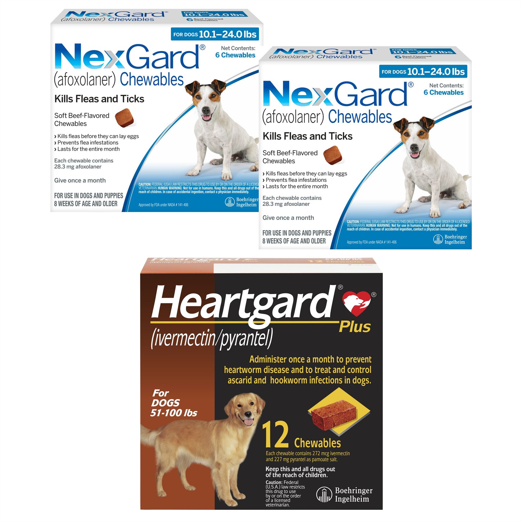 NexGard Chew, 10.1-24 lbs, (Blue Box), 12 Chews (12-mos. supply) + Heartgard Plus Chew for Dogs, 51-100 lbs, (Brown Box), 12 Chews (12-mos. supply)