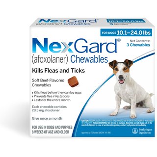 NexGard Chewables for Dogs, 10.1-24 lbs, (Blue Box), 3 Chewable Tablets (3-mos. supply) slide 1 of 9