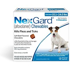 NexGard Chewables for Dogs, 10.1-24 lbs, (Blue Box), 6 Chewable Tablets (6-mos. supply)