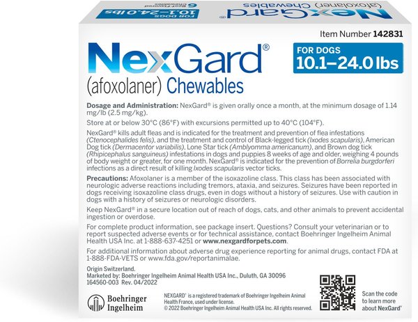 Show full view: NexGard Chewables for Dogs, 10.1-24 lbs, (Blue Box), 6 Chewable Tablets (6-mos. supply) slide 9 of 12