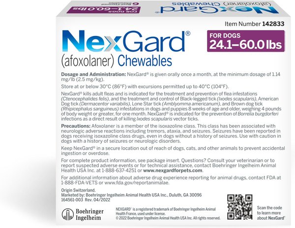 Show full view: NexGard Chewables for Dogs, 24.1-60 lbs, (Purple Box), 6 Chewable Tablets (6-mos. supply) slide 9 of 12