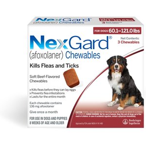 NexGard Chewables for Dogs, 60.1-121 lbs, (Red Box), 3 Chewable Tablets (3-mos. supply)