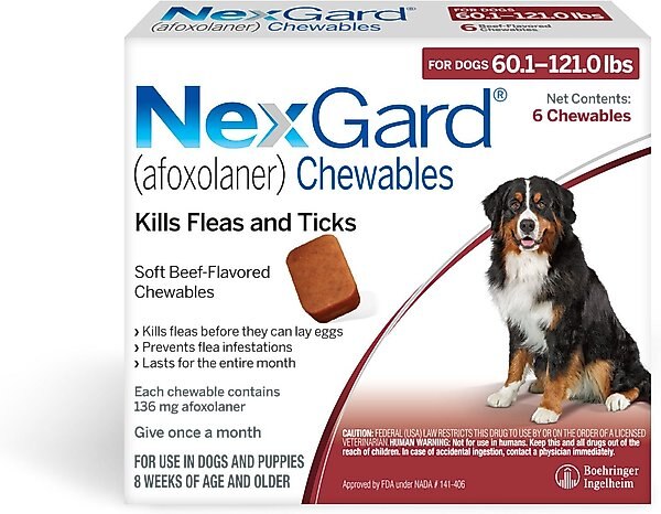 NexGard Chewables for Dogs, 60.1-121 lbs, (Red Box)