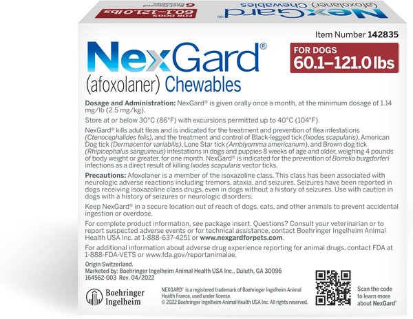 Show full view: NexGard Chewables for Dogs, 60.1-121 lbs, (Red Box), 6 Chewable Tablets (6-mos. supply) slide 8 of 11