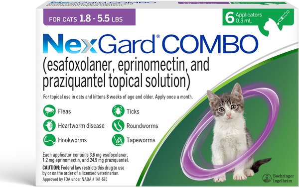 Show full view: NexGard COMBO Topical for Cats, 1.8-5.5lbs (Purple Box), 6 Doses (6-mos. supply) slide 1 of 11